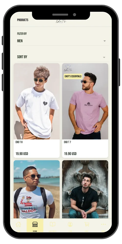 mockup of mobile app with an online store