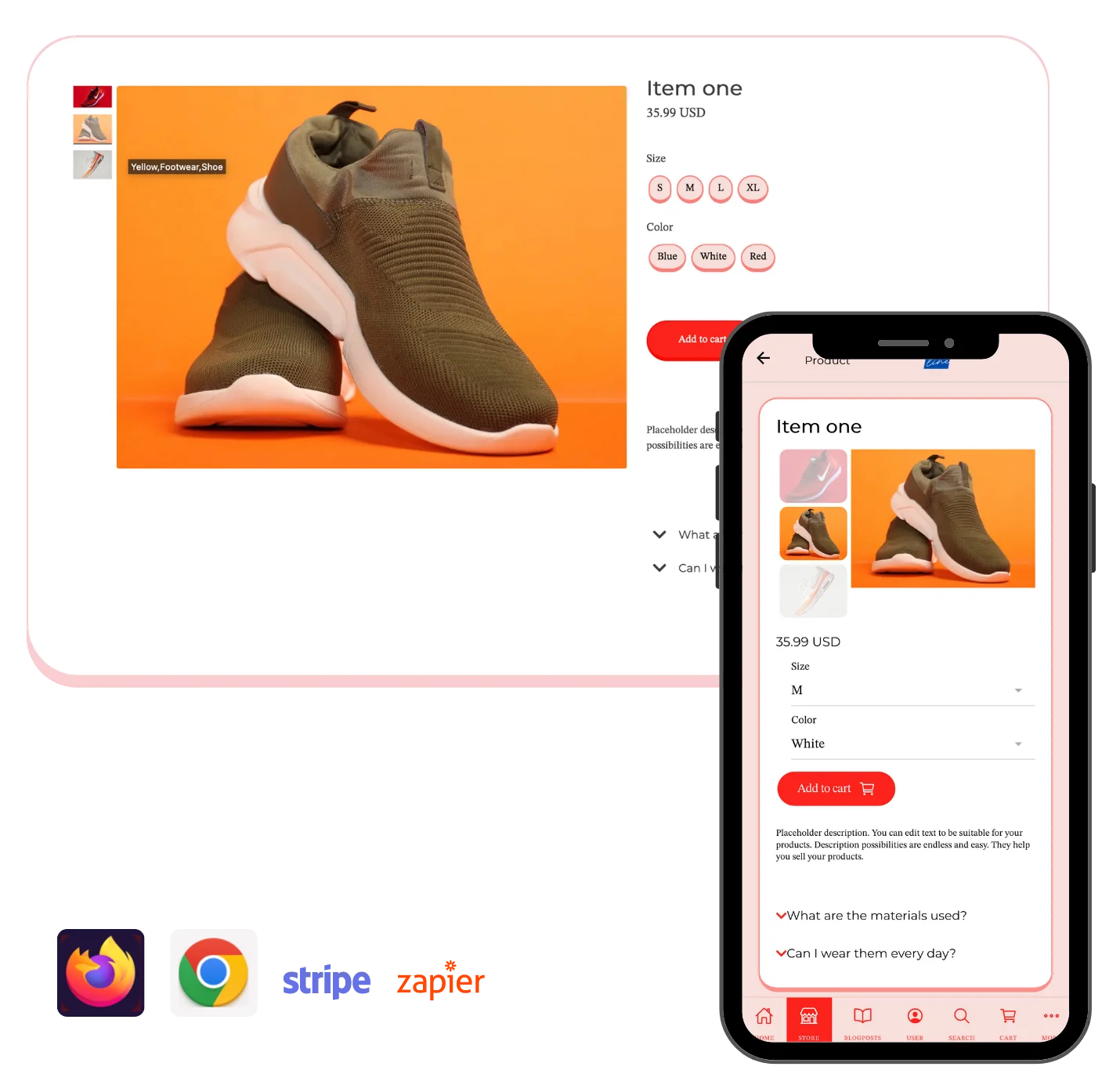 online store builde - product page online and in-app mockup